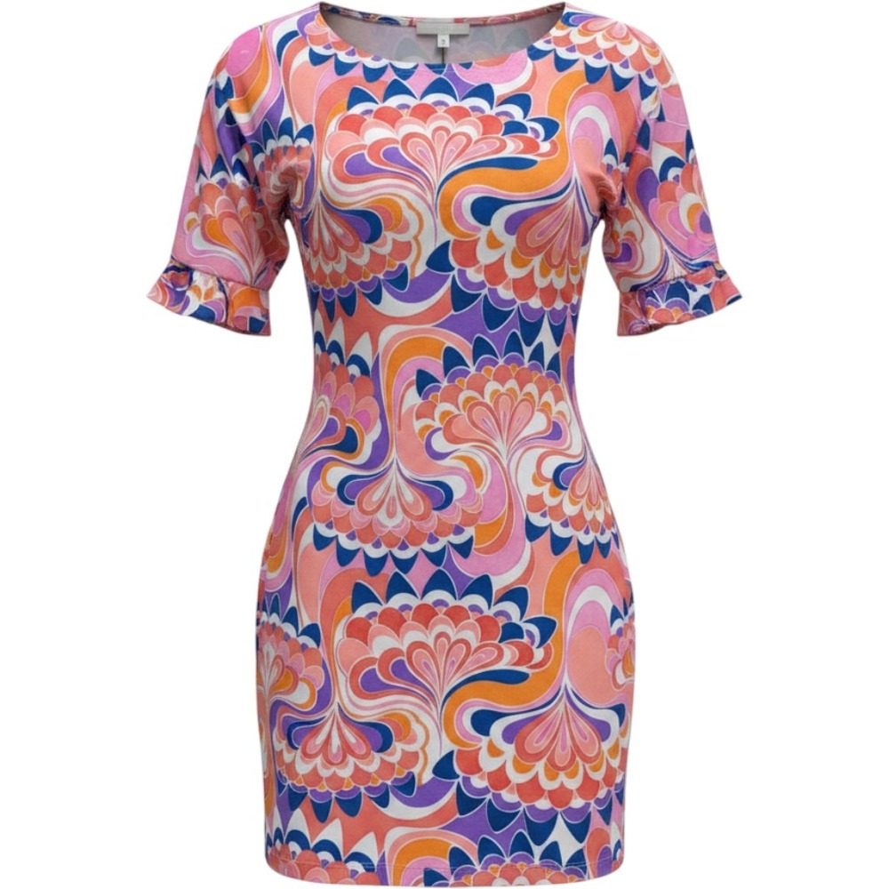 Trina Turk Sheath Dress Pink Orange Psychedelic Floral Tie Sleeve XS NWT